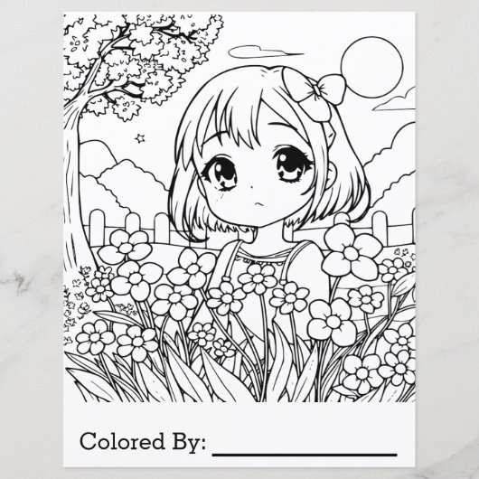 Fille Anime avec fleurs | Page Couleur (Devant)