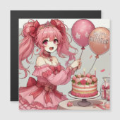 Fille anime carte magnétique d'anniversaire Rose (Devant / Derrière)