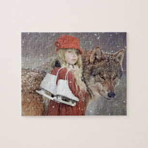 Fille au loup et patins Puzzle d'hiver