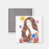 Fille aux fleurs - Aimant carré de 2 pouces (Recto/Verso)