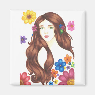 Fille aux fleurs - Aimant carré de 2 pouces