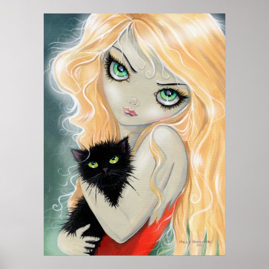 Fille avec affiche de chat noir impression (Devant)