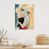 Fille avec affiche de chat noir impression (Cuisine)