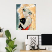 Fille avec affiche de chat noir impression (Bureau à domicile)