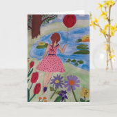 Fille Avec Balloon Rouge Carte Anniversaire (Fleur jaune)