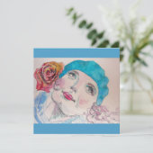 Fille avec Béret Rose Rouge Aquarelle Carte magnét (Debout devant)