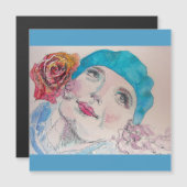 Fille avec Béret Rose Rouge Aquarelle Carte magnét (Devant / Derrière)