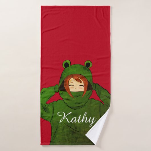 Fille avec grenouille verte Hoody Dessin Nom perso (Serviette de bain)