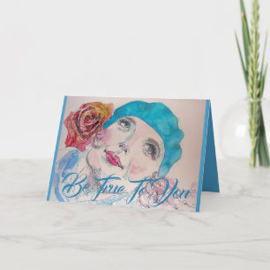 Fille avec Red Rose Beret Watercolor Carte d'anniv