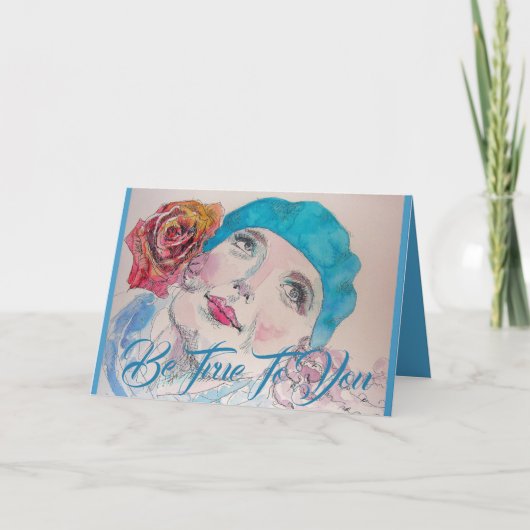 Fille avec Red Rose Beret Watercolor Carte d'anniv (Devant)