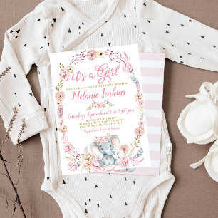 Fille Baby shower éléphant Invitation florale