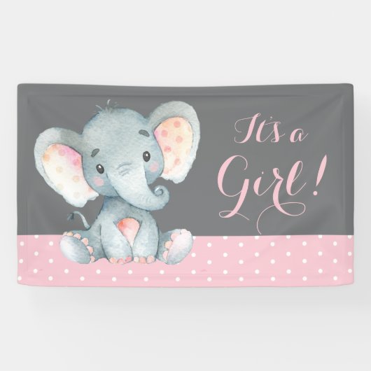 Fille Baby shower éléphant rose et gris bannière (Horizontal)