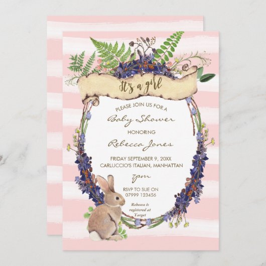 fille baby shower invitation forêt lapin lapin lap (Devant / Derrière)