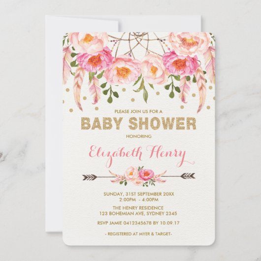 Fille Baby shower Invitation Rose or Boho Fleurs (Devant)