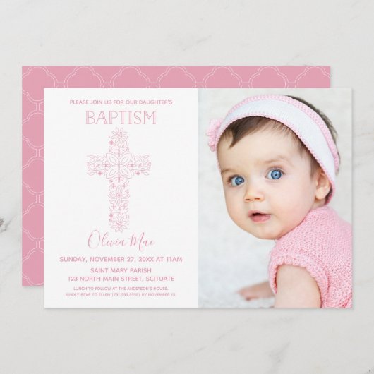 Fille Baptême, Invitation Christening avec Photo (Devant / Derrière)