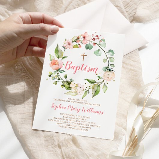 Fille Baptême Pink Wreath Blush Invitation