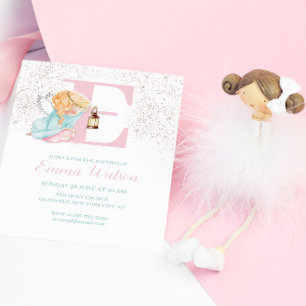 Fille Baptême Rose Gold Angel Invitation initiale