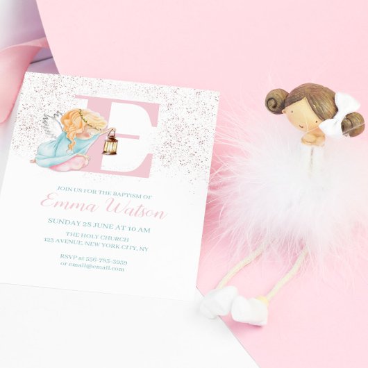 Fille Baptême Rose Gold Angel Invitation initiale