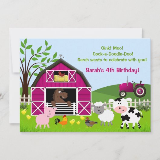 Fille Barnyard Animaux de ferme Invitations d'anni (Devant)