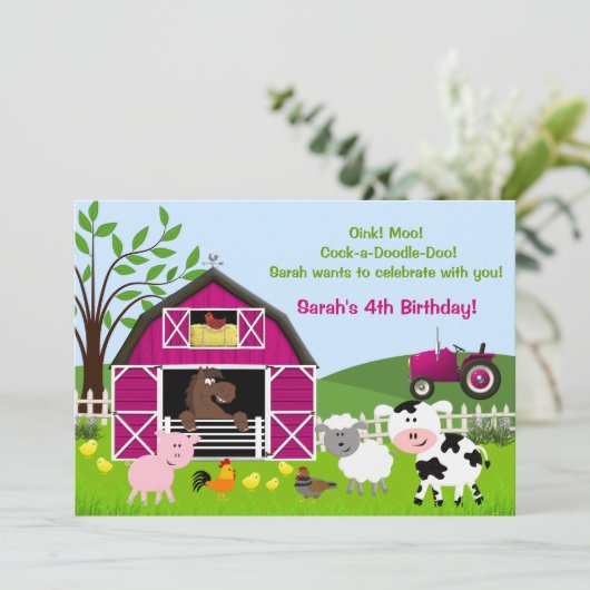 Fille Barnyard Animaux de ferme Invitations d'anni (Debout devant)