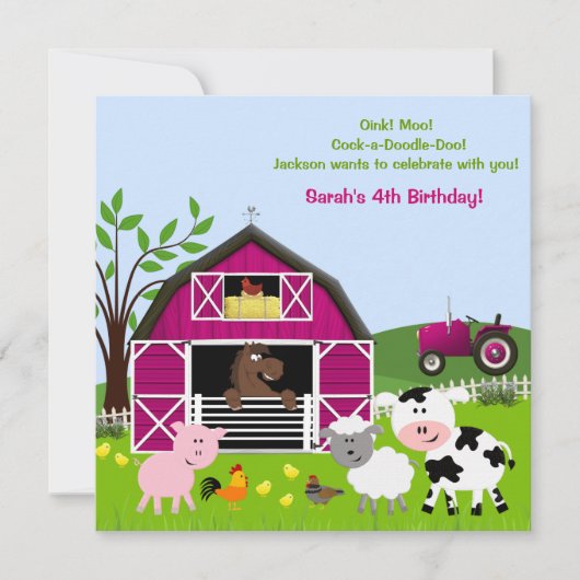 Fille Barnyard Animaux de ferme Invitations d'anni (Devant)