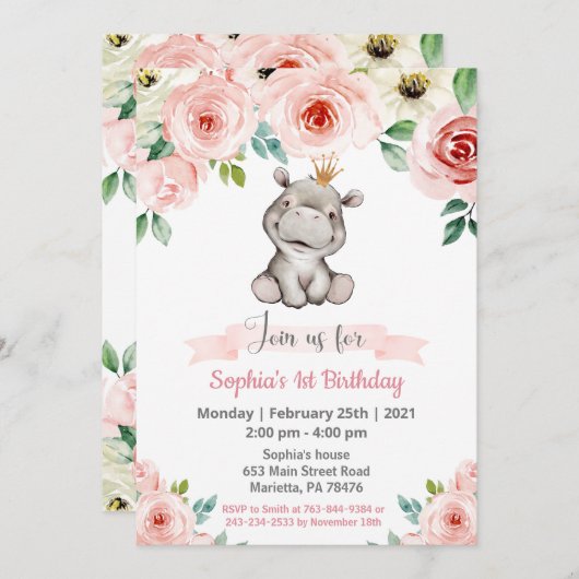 Fille bébé Hippo Anniversaire Fête Invitation (Devant / Derrière)