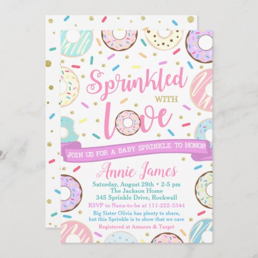 Fille Bébé Saupoudrer Invitation Donut Bébé Saupou (Devant / Derrière)