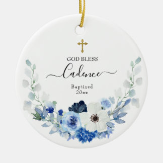 Fille Blanc bleu Floral Baptisé Ornement en cérami