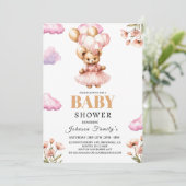 Fille bohème Invitation Baby shower rose Ours (Debout devant)
