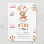 Fille bohème Invitation Baby Shower Rose Ourson (Devant / Derrière)