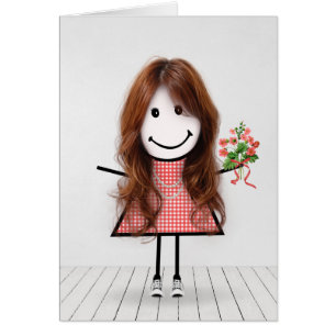 Fille bonhomme allumette avec bouquet d'anniversai