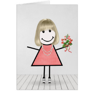 Fille bonhomme allumette avec bouquet d'anniversai