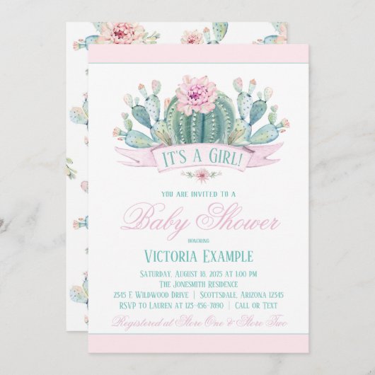 Fille Cactus Baby Shower Invitations (Devant / Derrière)