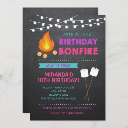 Fille Camp Bonfire Invitation Anniversaire (Devant / Derrière)