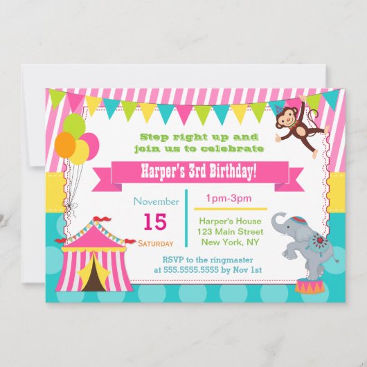 Fille Carnaval Cirque Anniversaire Invitations (Devant)