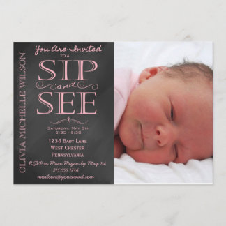 Fille Chalkboard photo Sip and See Invitation