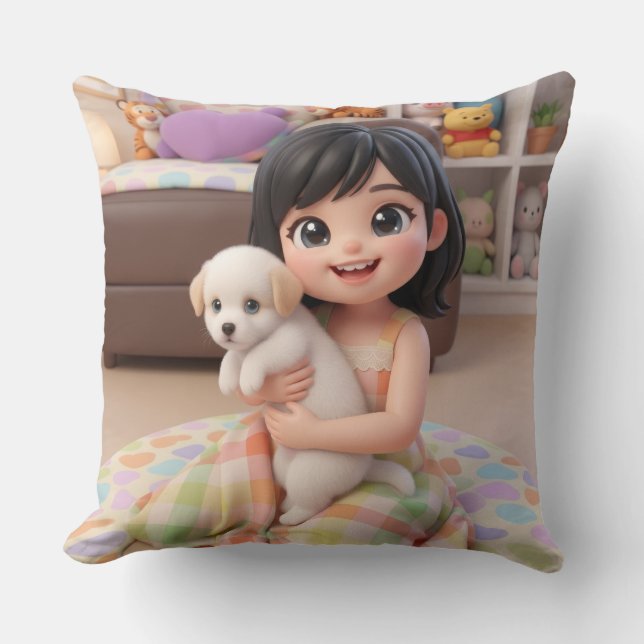 Fille Chibi Enlaçant Chien Blanc Coussin Jeté (Recto)