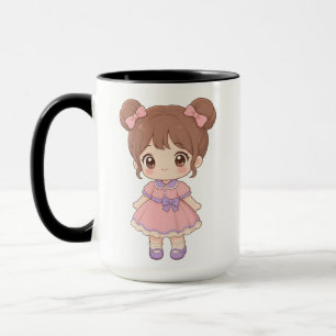 Fille Chibi Kawaii Twin Buns Robe Rose Mug Migno