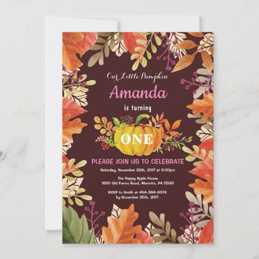 Fille Citrouille automne Invitation d'anniversaire (Devant)