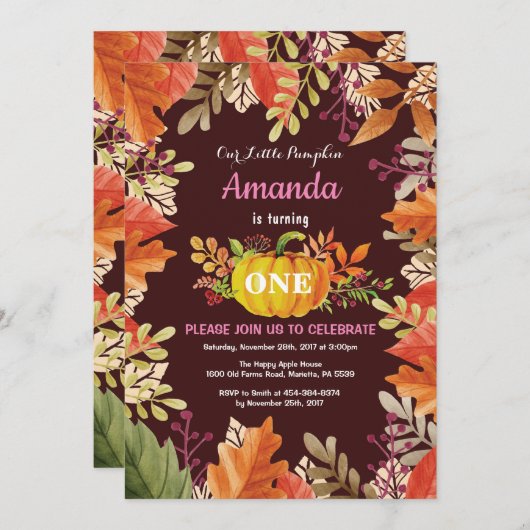 Fille Citrouille automne Invitation d'anniversaire (Devant / Derrière)