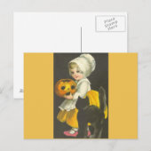 Fille Citrouille Chat noir Vintage Halloween Carte (Devant / Derrière)
