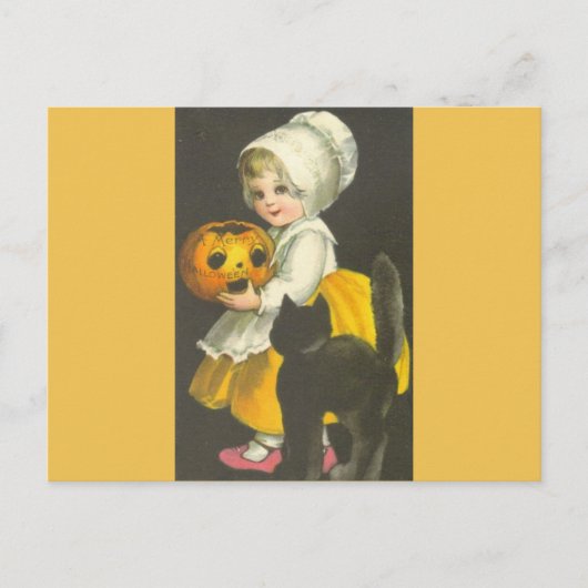 Fille Citrouille Chat noir Vintage Halloween Carte (Devant)