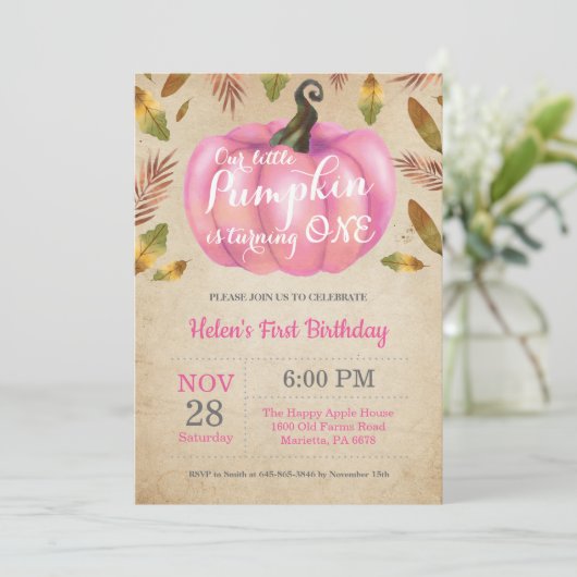 Fille Citrouille premier anniversaire Invitation r (Debout devant)