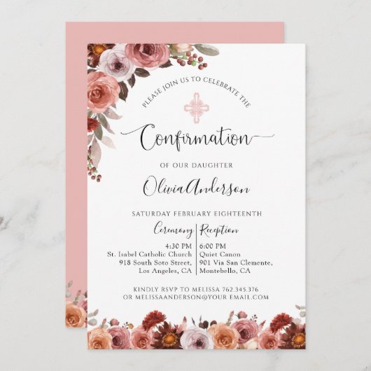 Fille Confirmation Blush Rose Floral Invitation (Devant / Derrière)