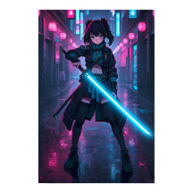 Fille d'anime Cyberpunk Néon avec Affiche d'Épée L