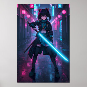 Fille d'anime Cyberpunk Néon avec Affiche d'Épée L