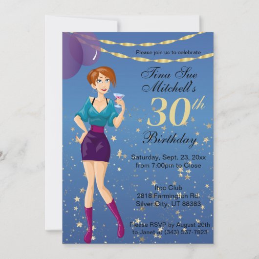 Fille d'anniversaire adulte en bleu Invitation (Devant)