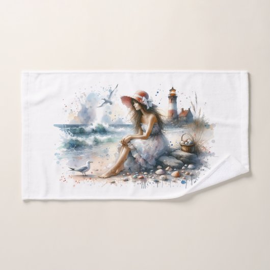 Fille d'aquarelle romantique par phare (Serviette à main)