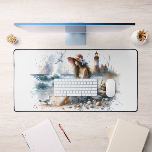 Fille d'aquarelle romantique par phare (Bureau 1)