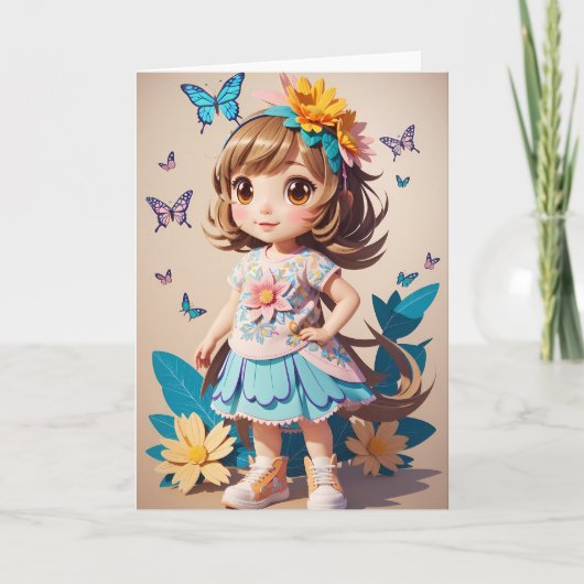 Fille de dessin animé avec fleurs | Carte (Devant)